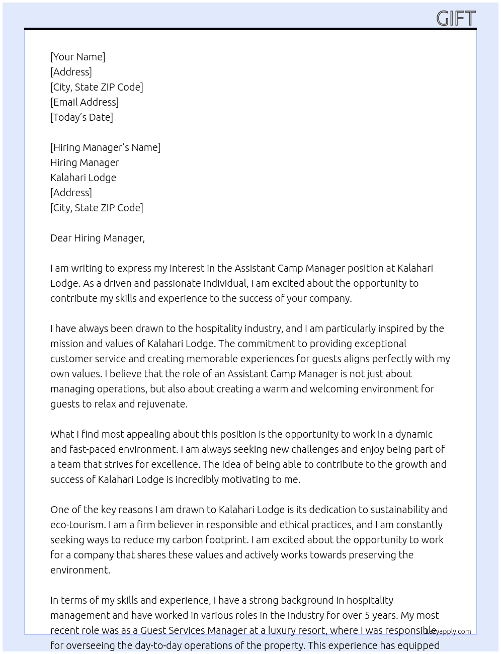assistant camp manager At Kalahari Lodge Cover Letter