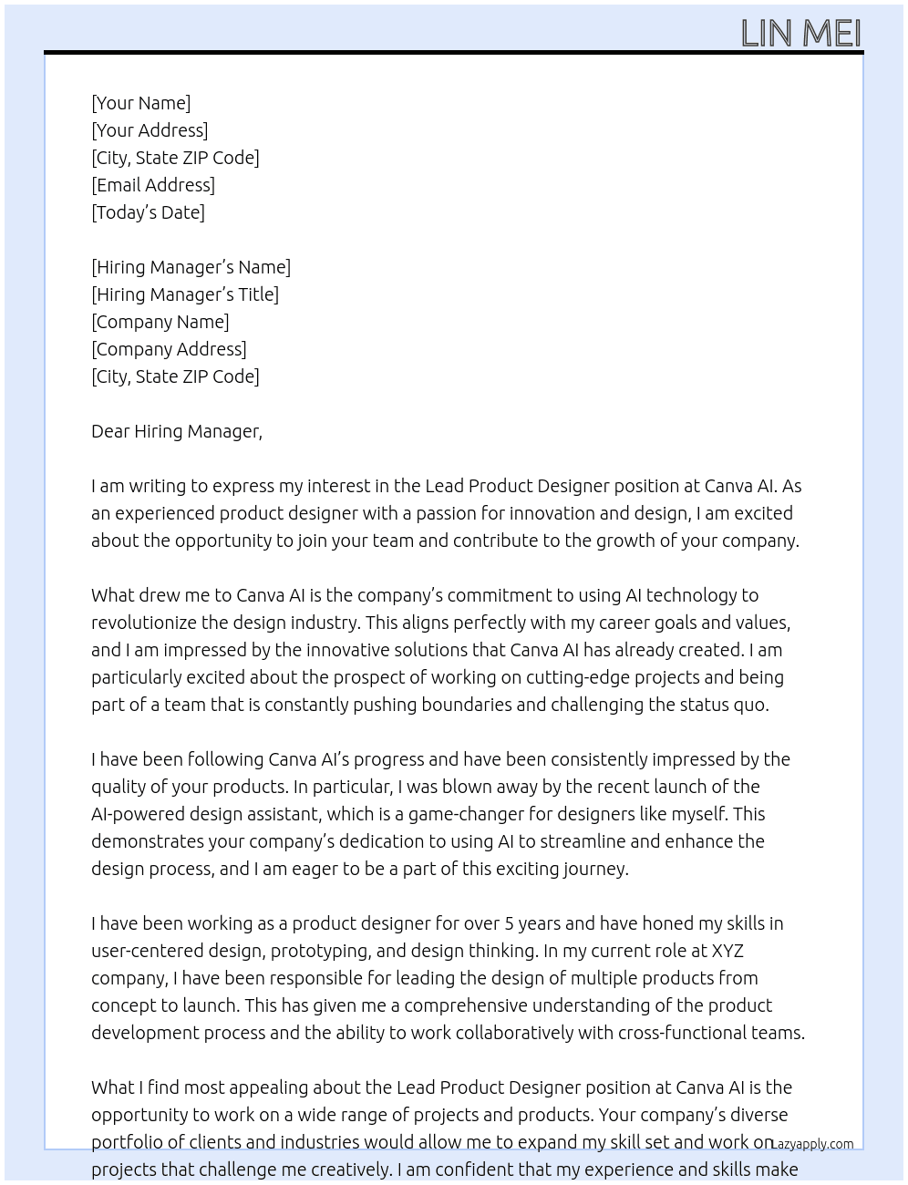 Lead product designer At Canva AI Cover Letter