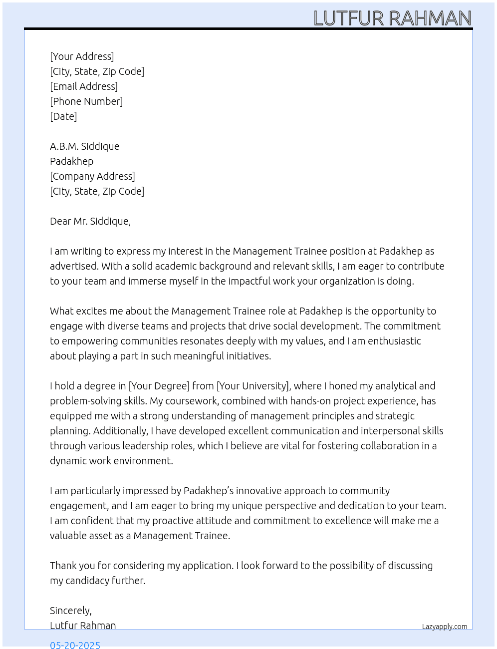 Management Trainee  At Padakhep Cover Letter