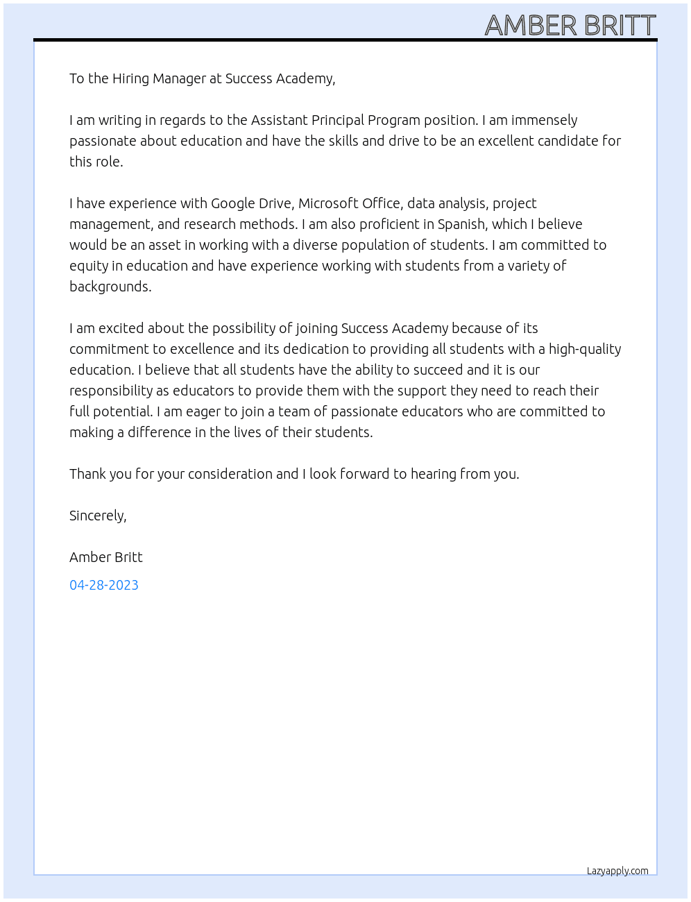Assistant Principal Program At Success Academy Cover Letter
