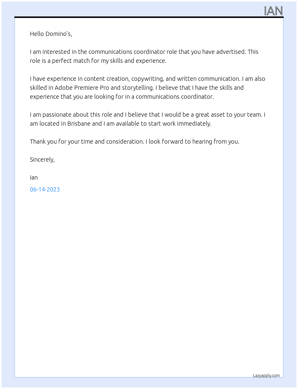 communications coordinator At Domino's Cover Letter