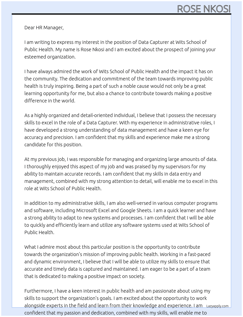 Data Capturer At Wits School of Public Health Cover Letter