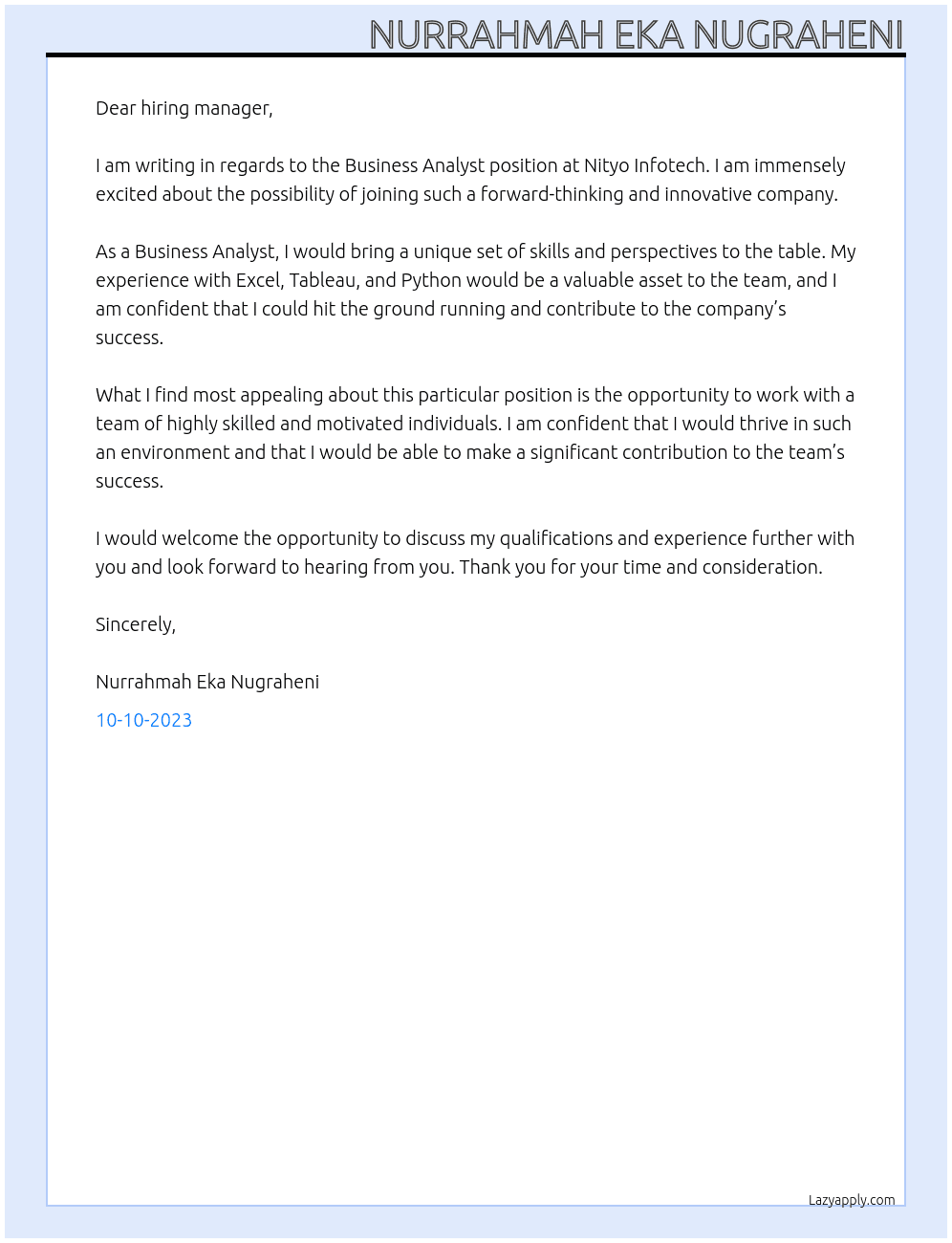 Business Analyst At Nityo Infotech Cover Letter