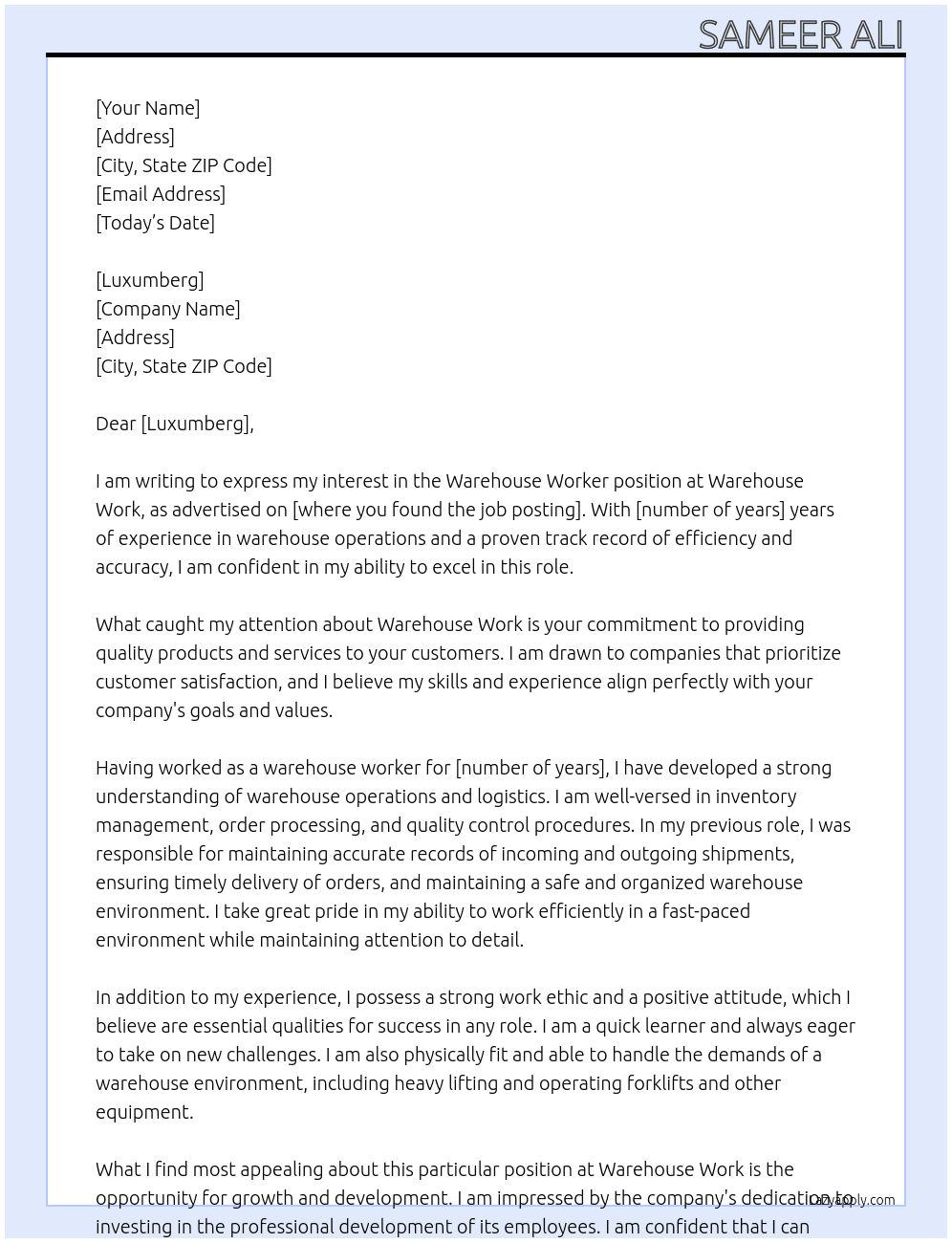 Warehouse worker At Warehouse work Cover Letter