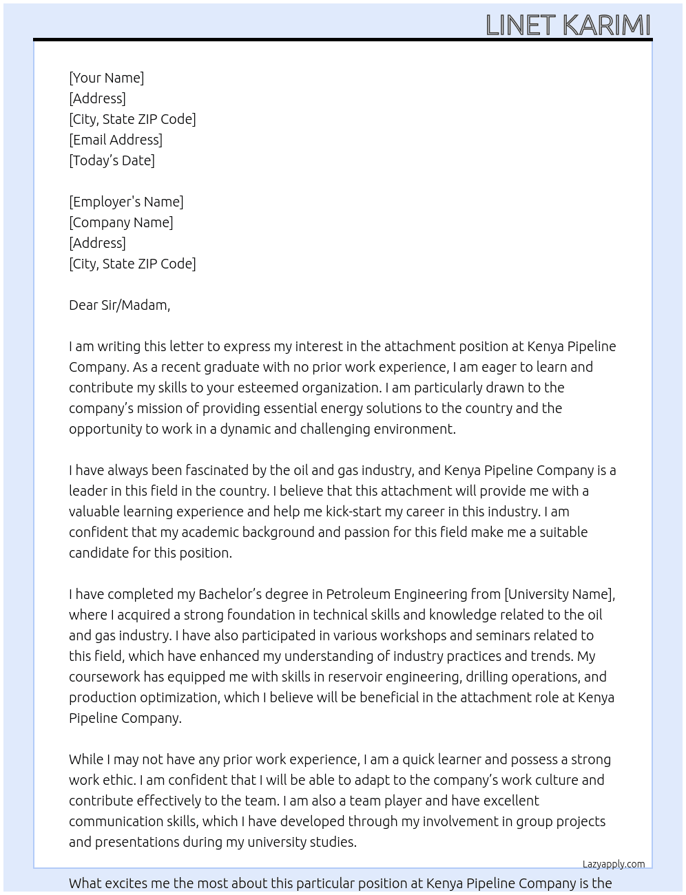 attachment At kenya pipeline company Cover Letter