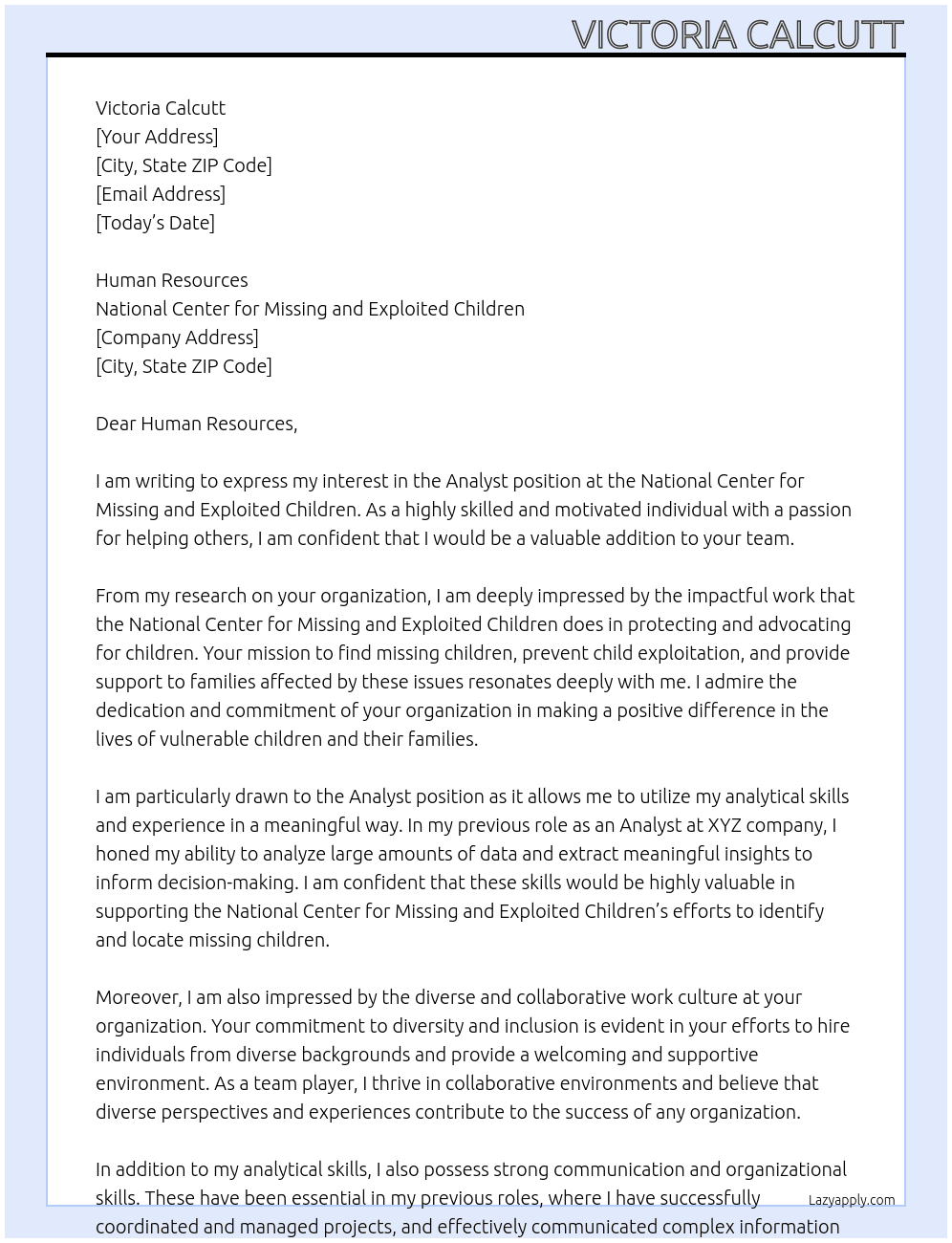 Analyst At National Center for Missing and Exploited Children Cover Letter