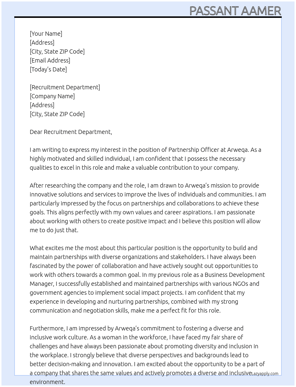Patrnership Officer  At Arweqa Cover Letter