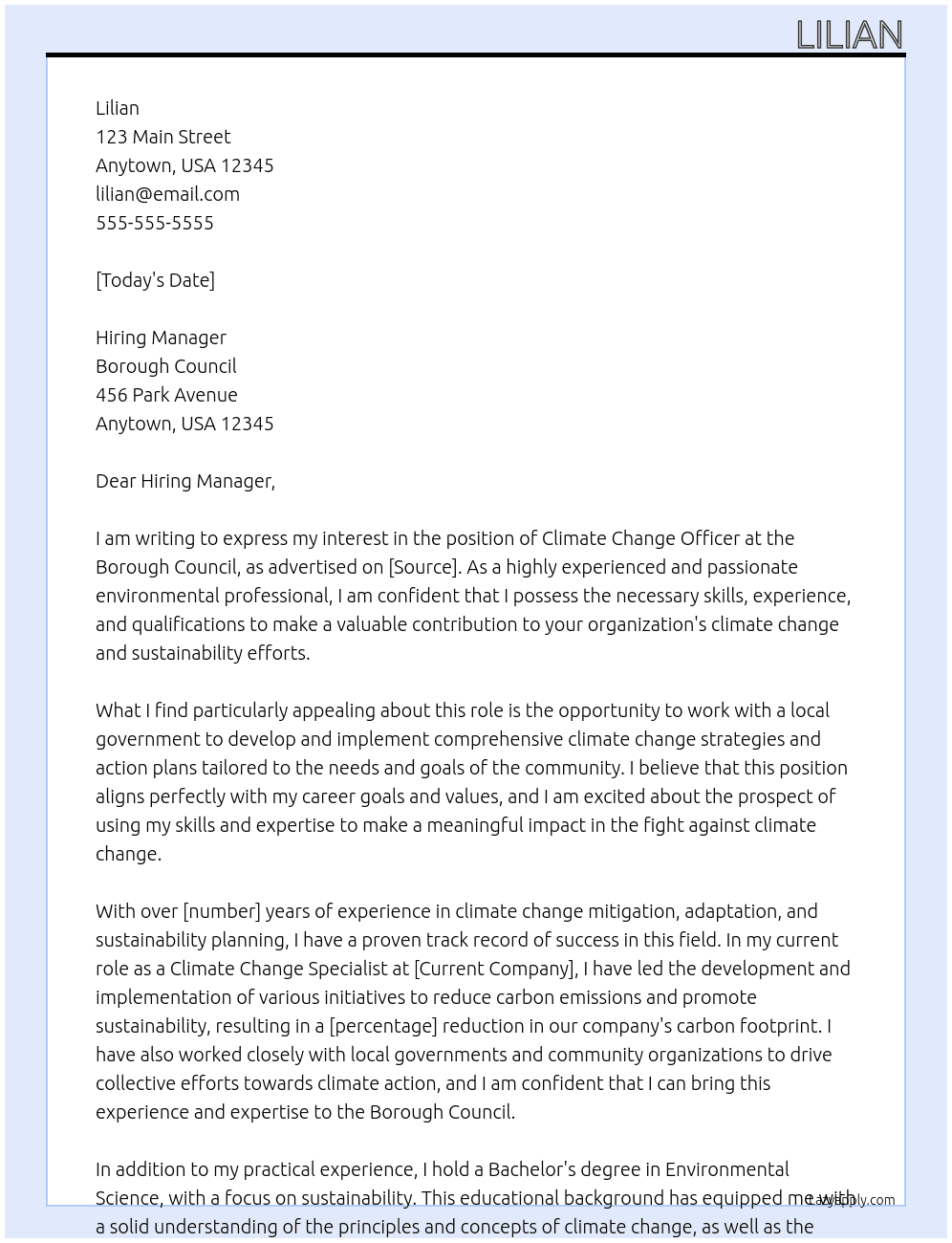 Climate change officer At Borough council Cover Letter