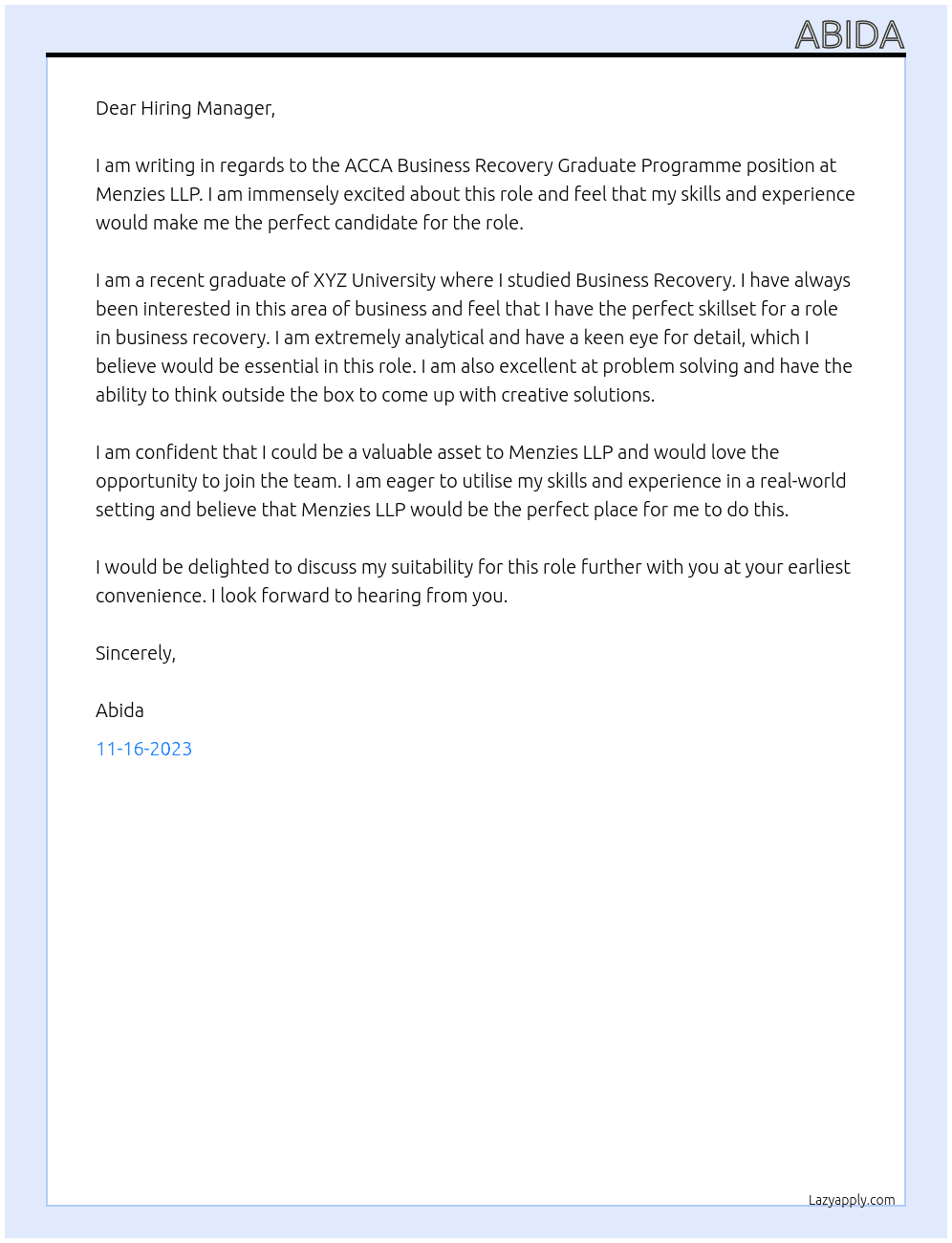 ACCA Business Recovery Graduate Programme At Menzies LLP Cover Letter