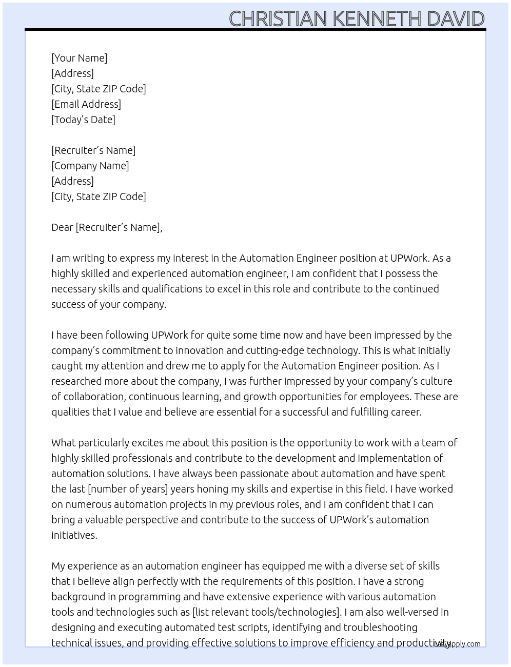 Automation Engineer At UPWork Cover Letter