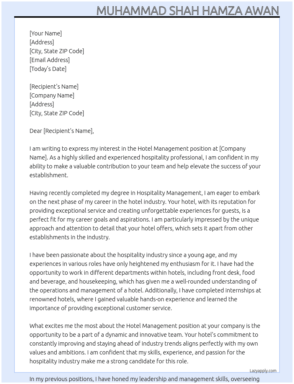 hotel management At hotel Cover Letter