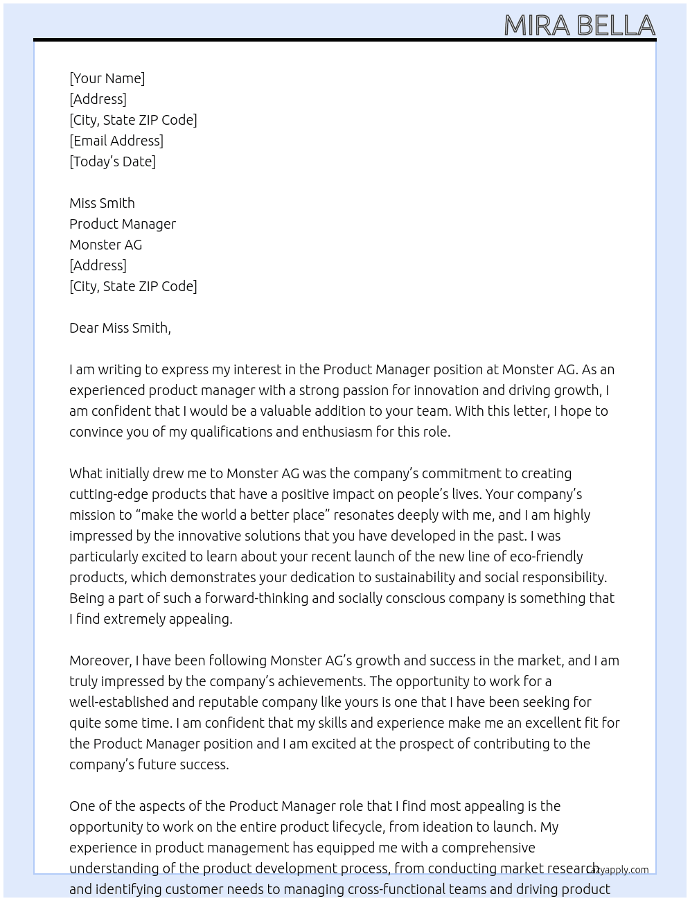 Product Manager At Monster AG Cover Letter
