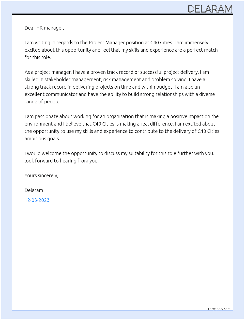 Project Manager  At C40 Cities Cover Letter