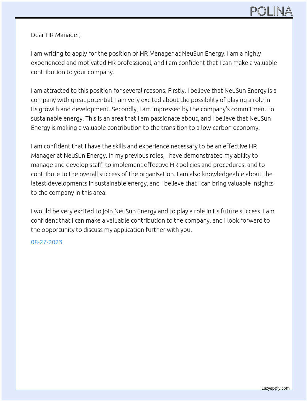 HR At NeuSun Energy Cover Letter