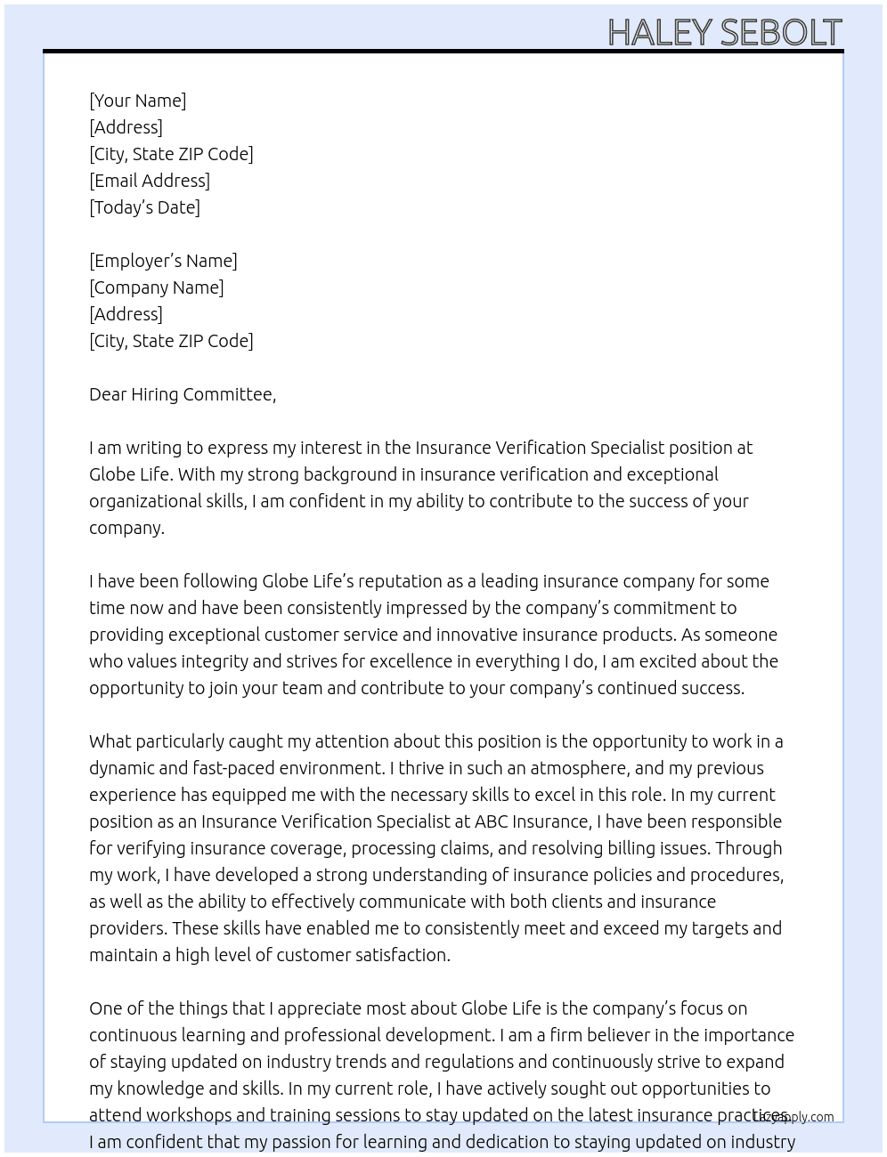 Insurance Verification Specialist At Globe Life Cover Letter