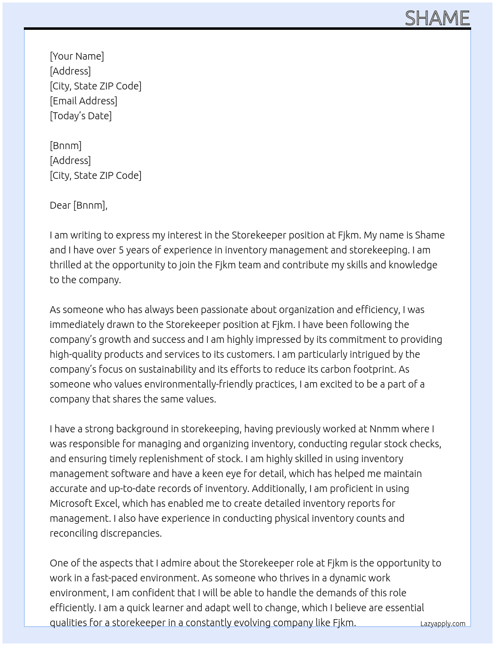 Storekeeper At Fjkm Cover Letter