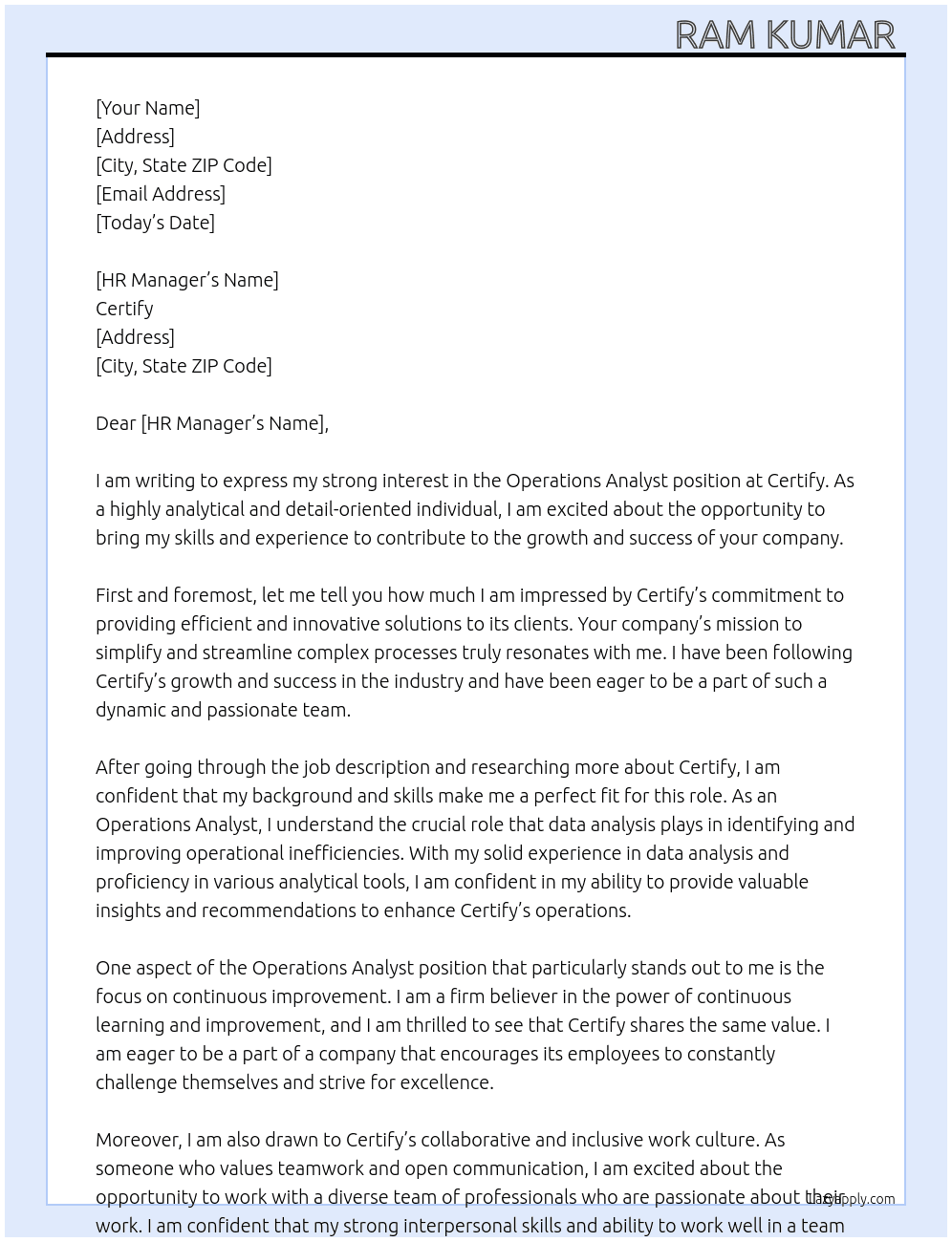Operations Analyst At Certify Cover Letter
