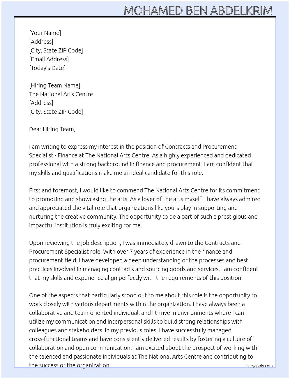 CONTRACTS AND PROCUREMENT SPECIALIST - FINANCE At The National Arts Centre Cover Letter