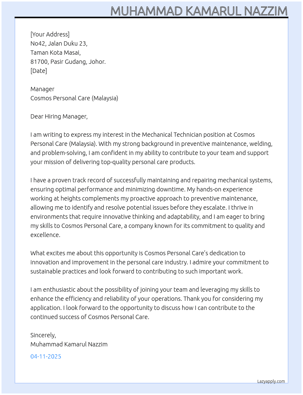 Mechanical technician At Cosmos Personal Care (Malaysia)  Cover Letter