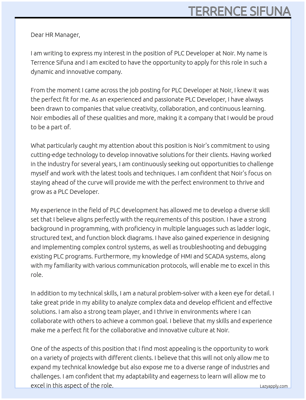 PLC Developer At Noir Cover Letter