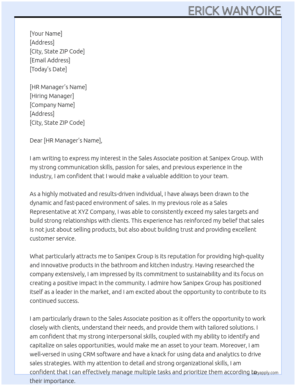 Sales Associate  At Sanipex group  Cover Letter