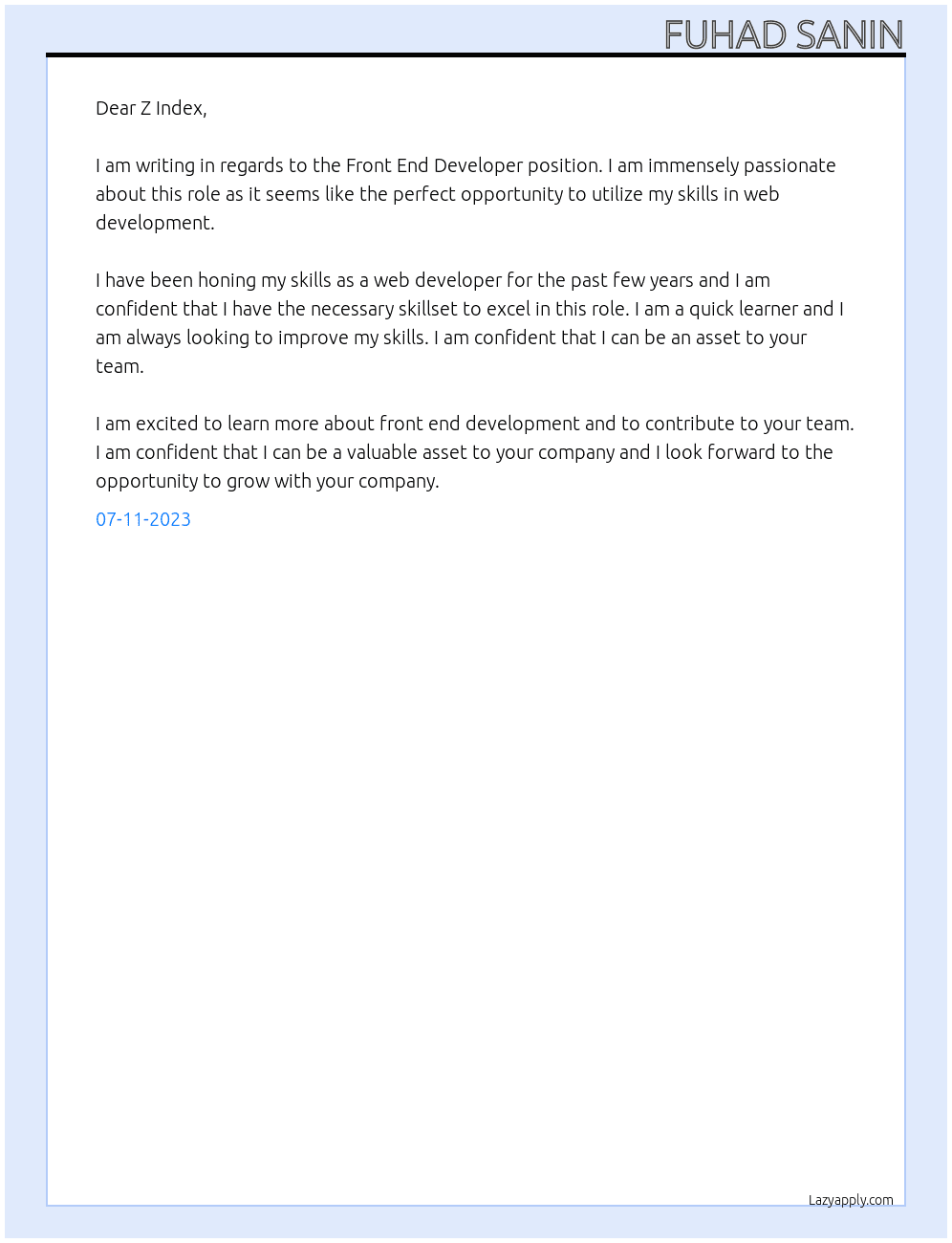 front end developer At Z Index Cover Letter