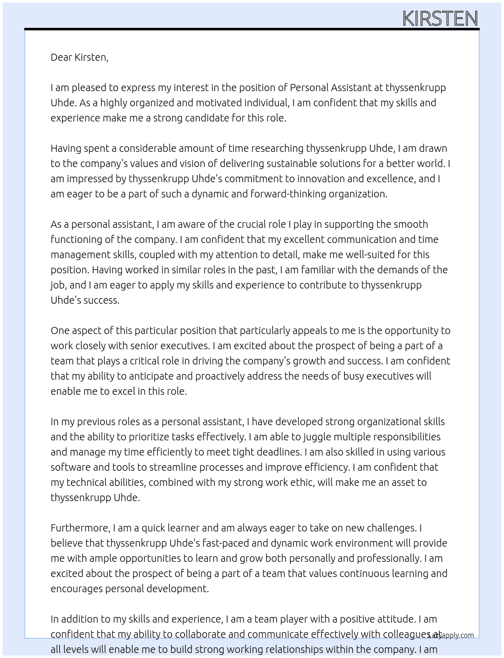 Personal assistant At  thyssenkrupp Uhde Cover Letter
