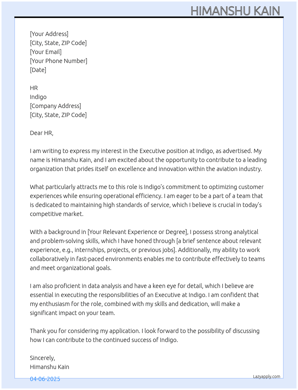 Executive At Indigo Cover Letter