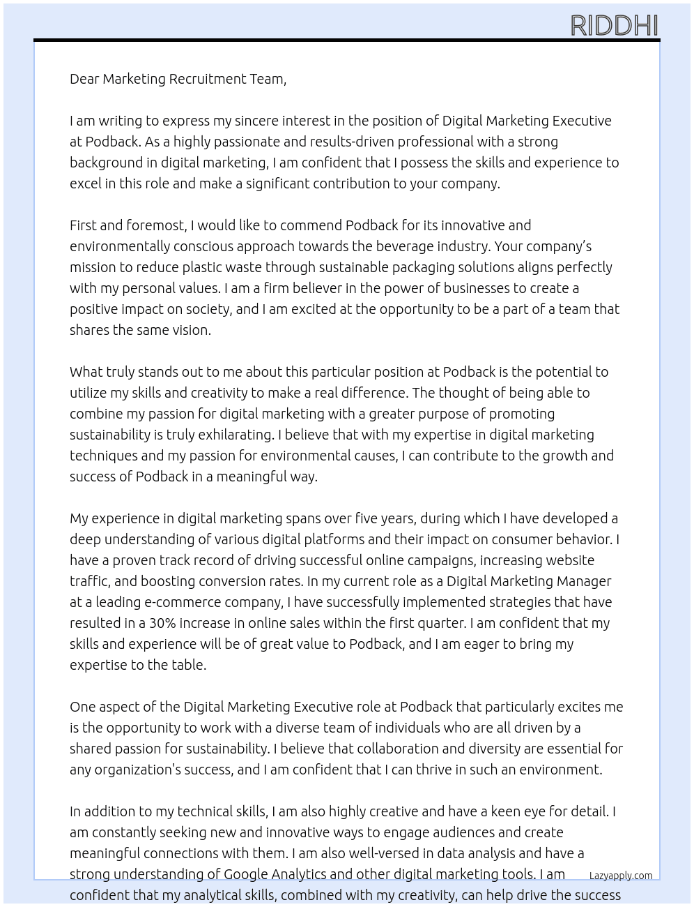 Digital Marketing Executive At Podback Cover Letter