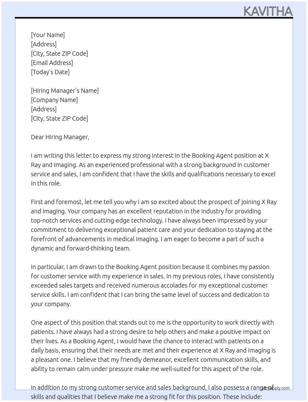 booking agent At x ray and imaging Cover Letter