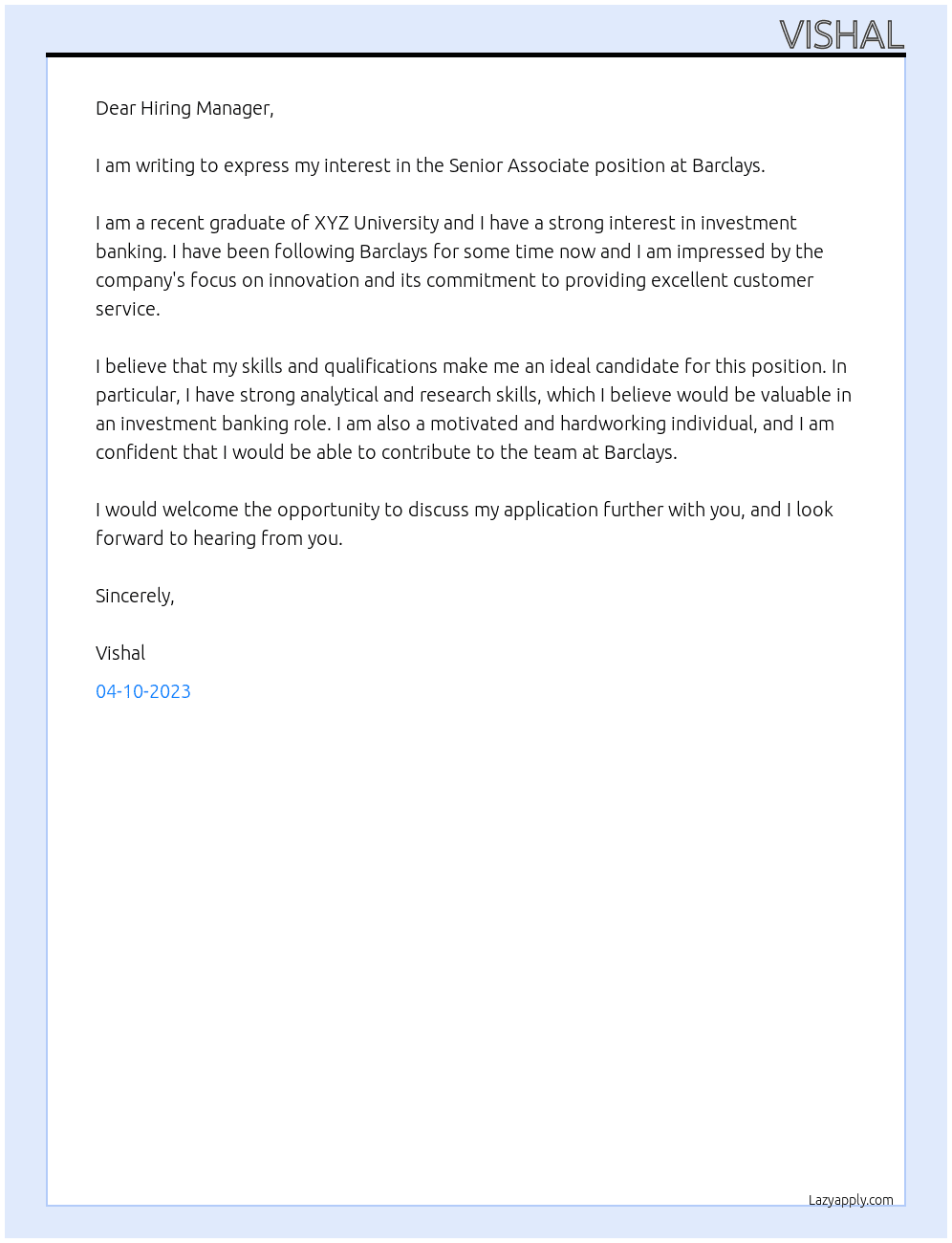 Senior Associate At Barclays Cover Letter