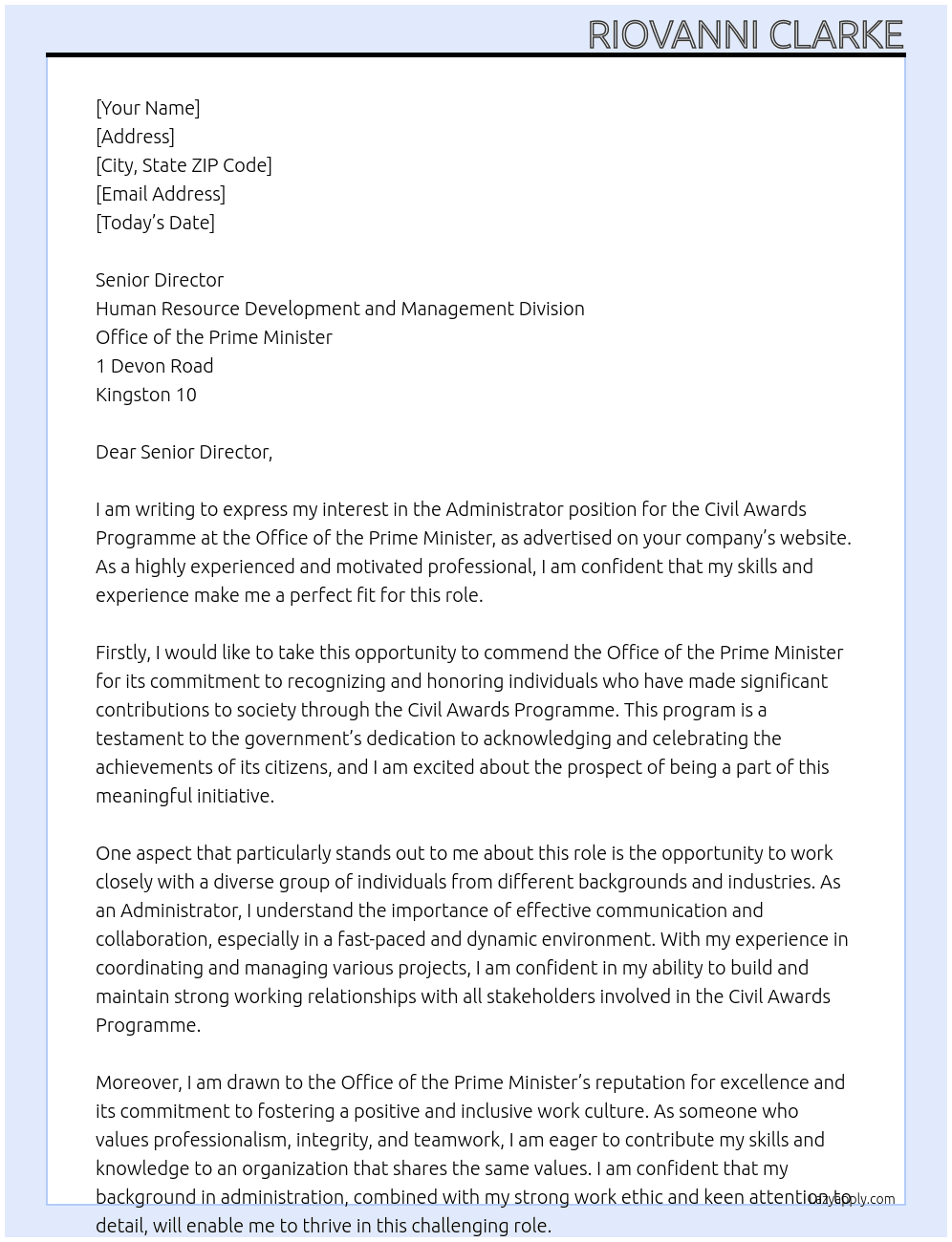 Administrator, Civil Awards Programme At Office of the Prime Minister Cover Letter