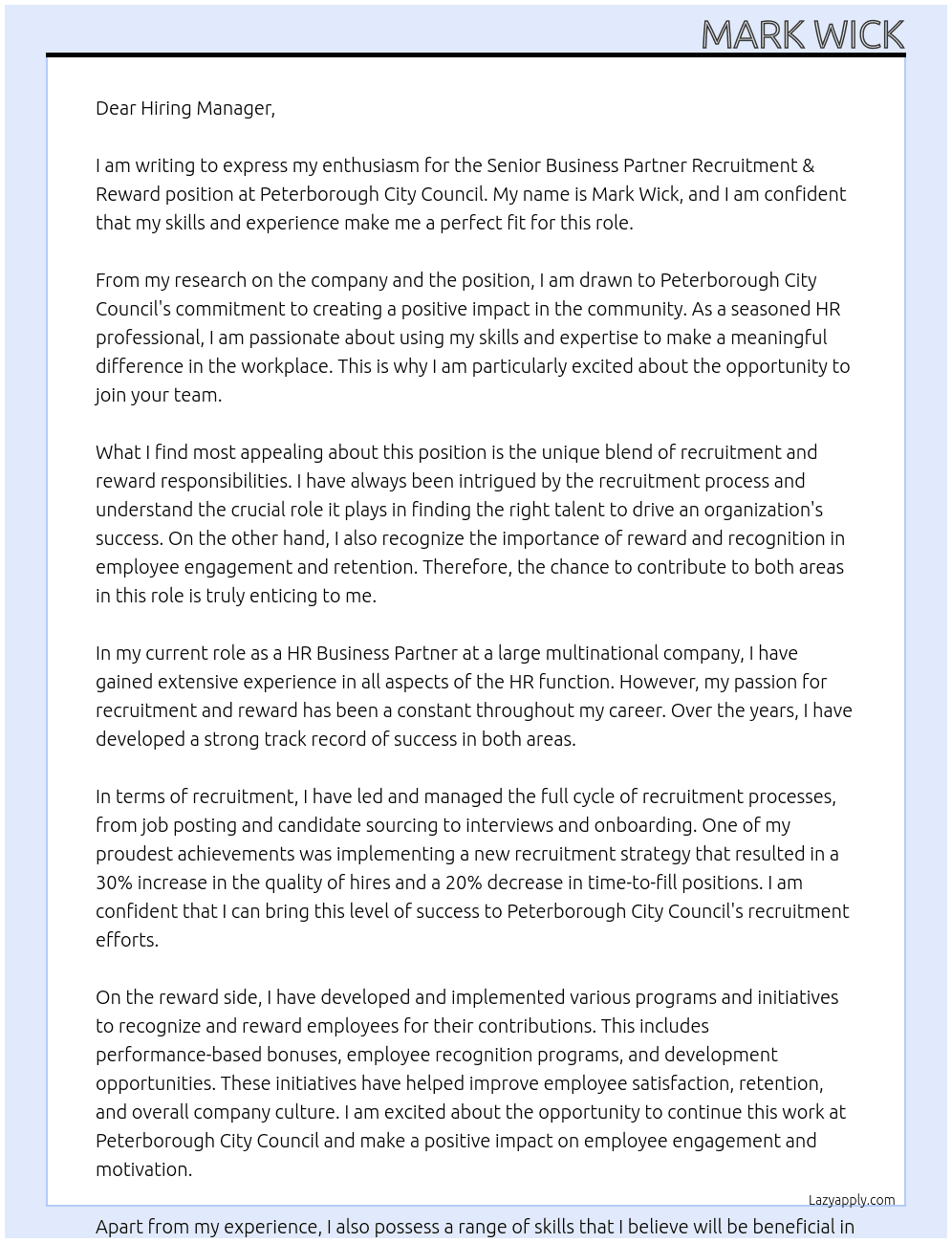 SENIOR BUSINESS PARTNER RECRUITMENT & REWARD At Peterborough city council Cover Letter