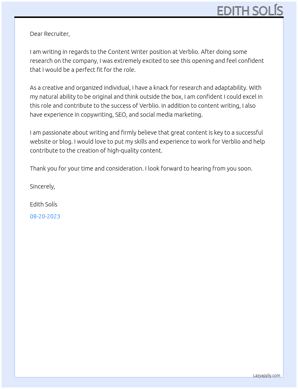 Content Writer At Verblio Cover Letter