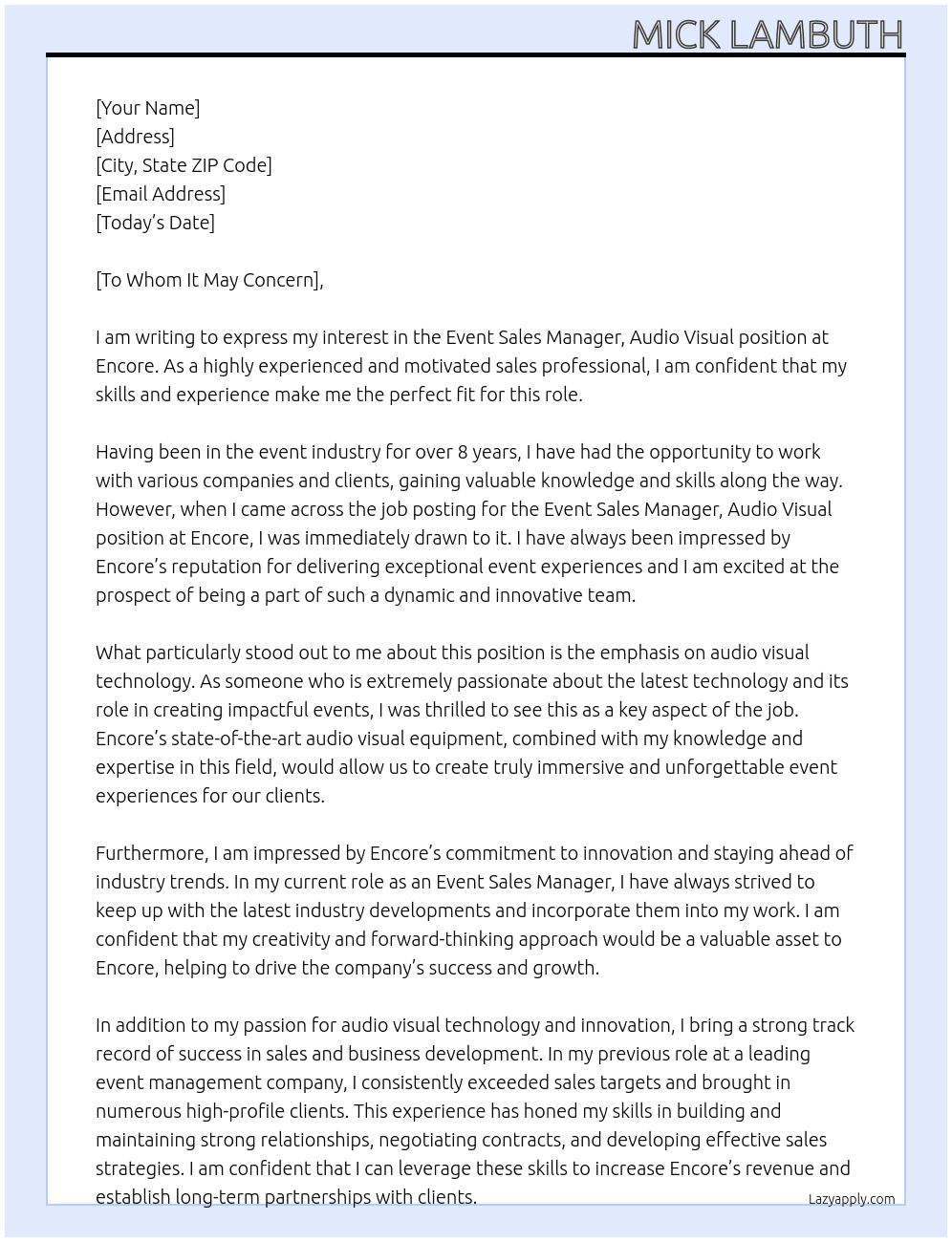 Event Sales Manager, Audio Visual  At Encore Cover Letter