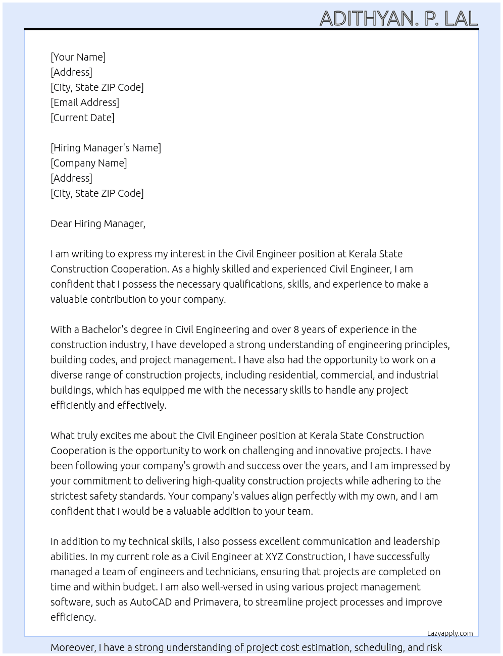 Civil engineer At Kerala State Construction Cooperation Cover Letter
