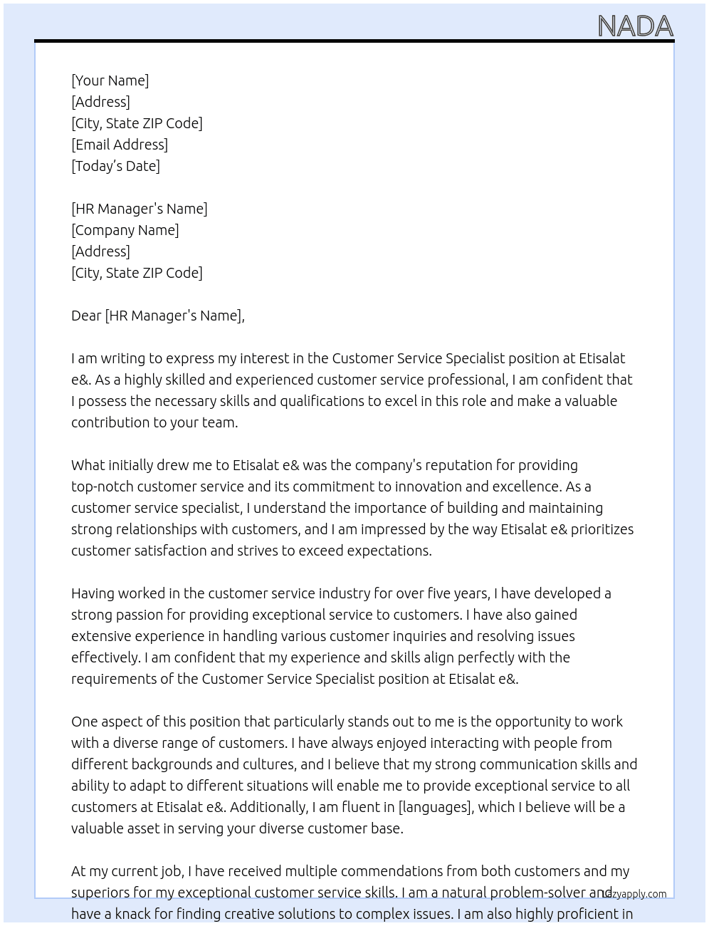 Customer service specialist At Etisalat e& Cover Letter