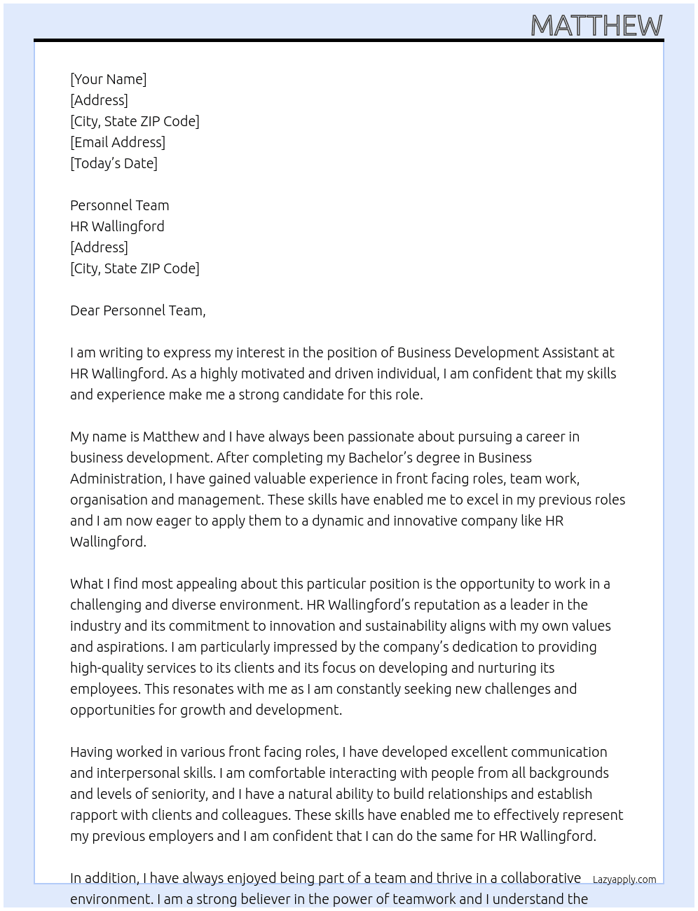 Business Development Assistant At HR Wallingford Cover Letter