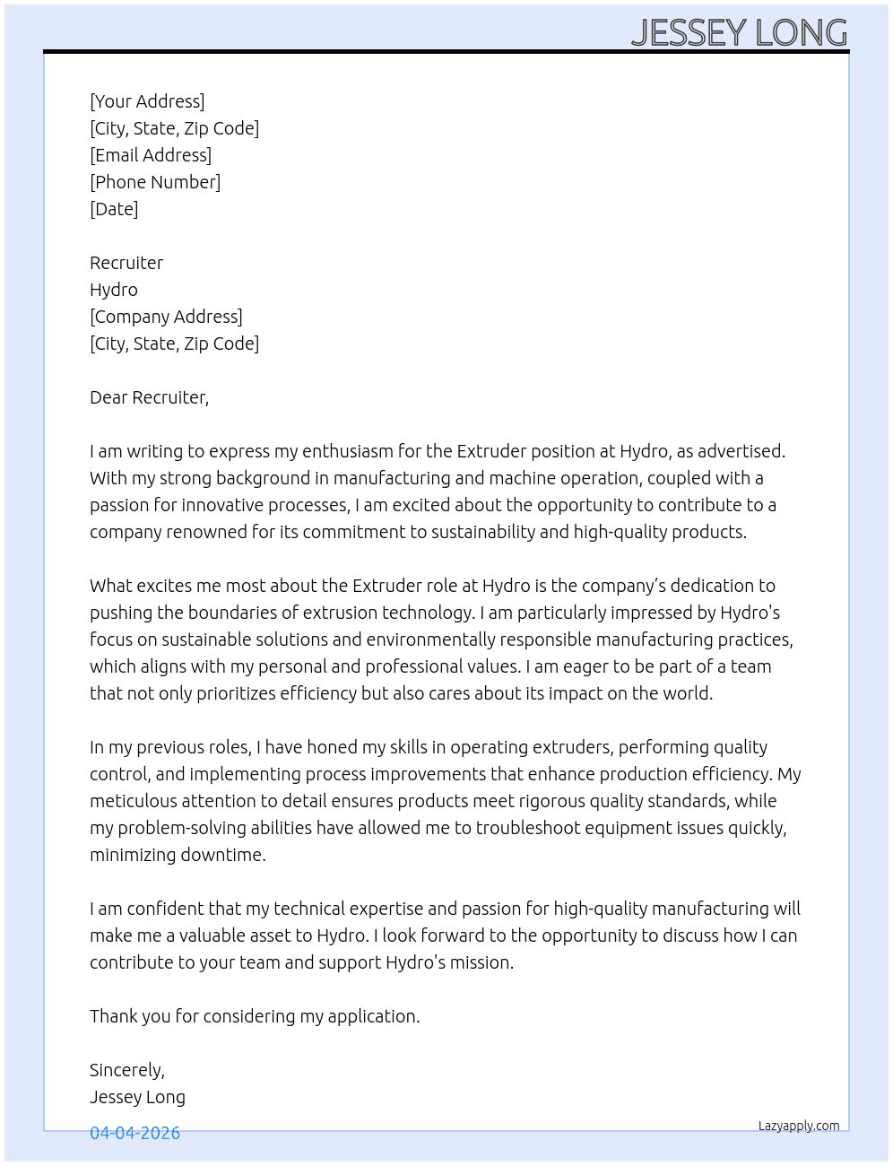 extruder At hydro Cover Letter