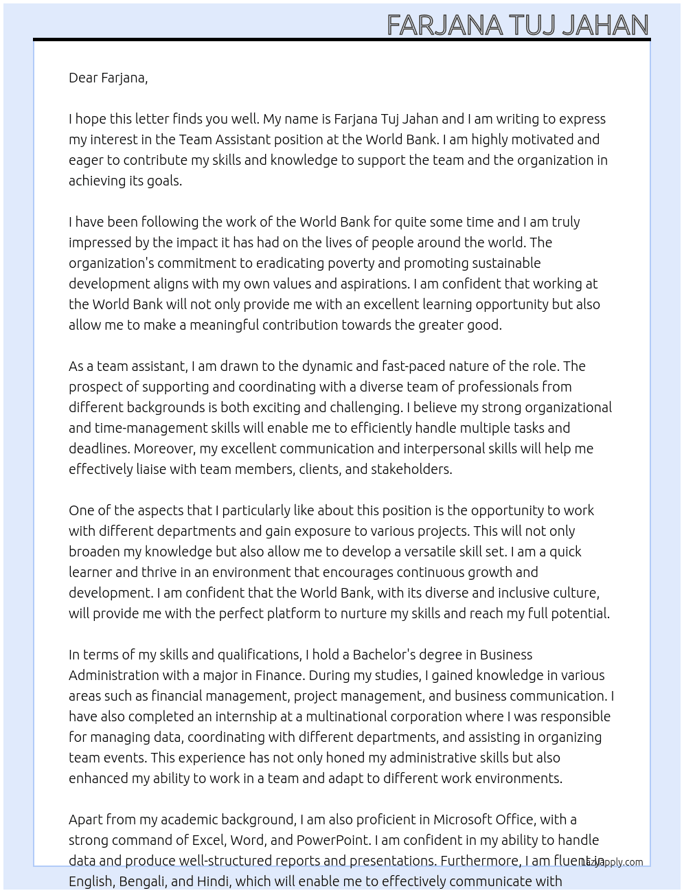 team assistant At world bank Cover Letter