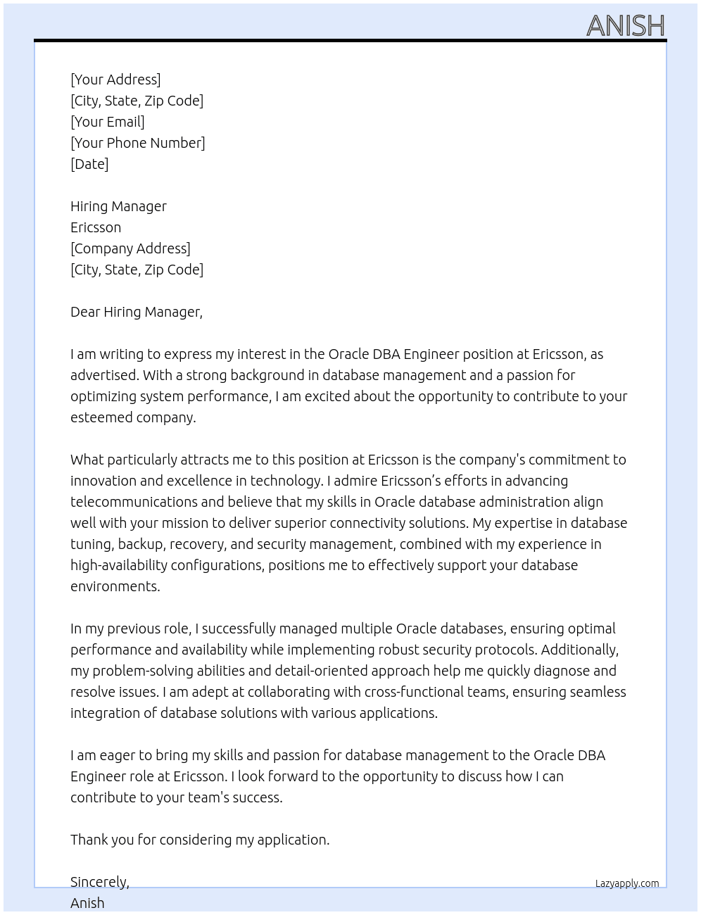 Oracle DBA Engineer At Ericsson Cover Letter