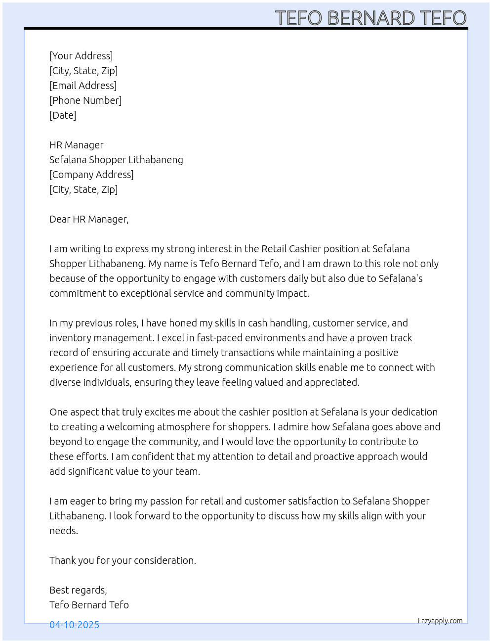Retail Cashier At Sefalana Shopper Lithabaneng Cover Letter
