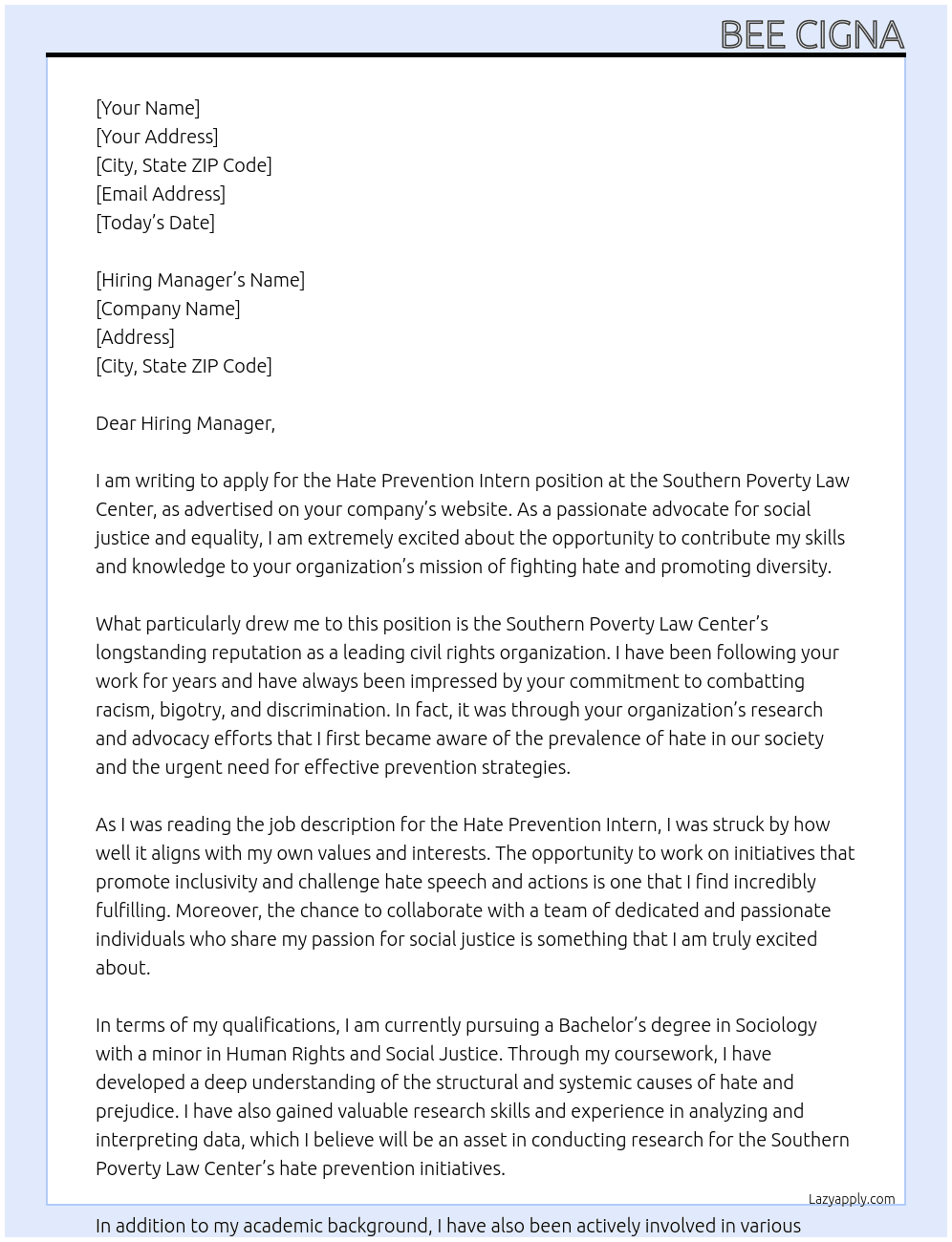 Cover letter for hate prevention intern - LazyApply