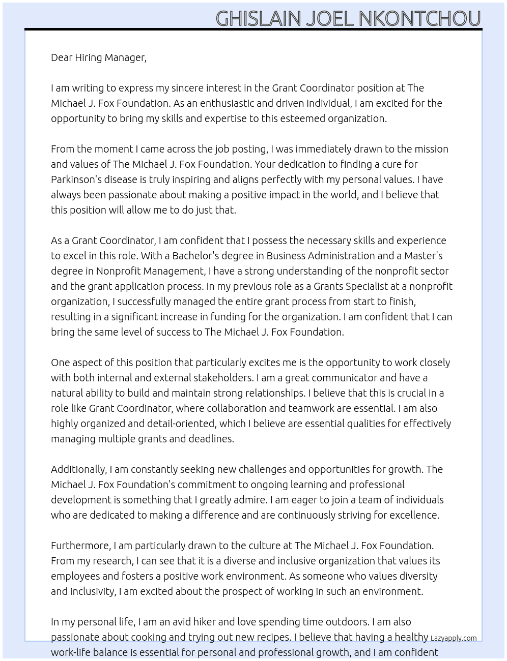 Grant Coordinator At The Michael J. Fox Foundation Cover Letter