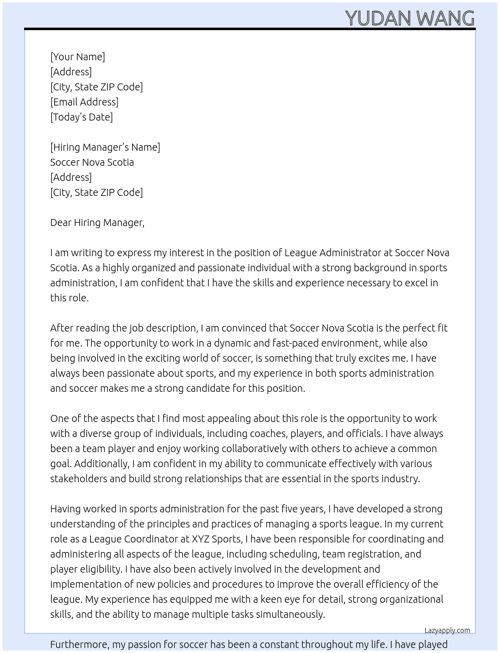 Cover letter for league administrator - LazyApply