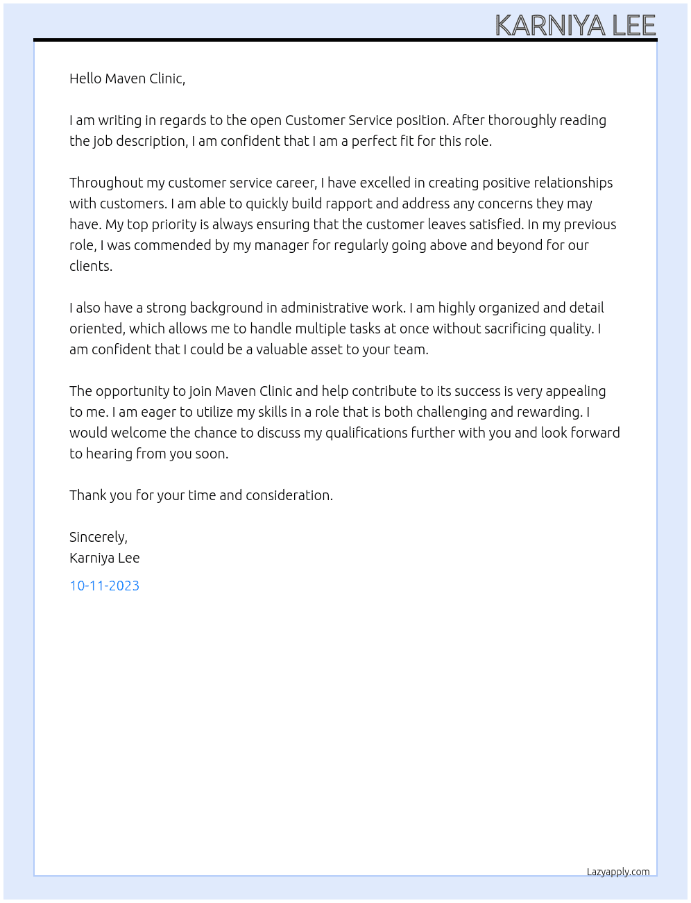 Customer Service At Maven Clinic Cover Letter