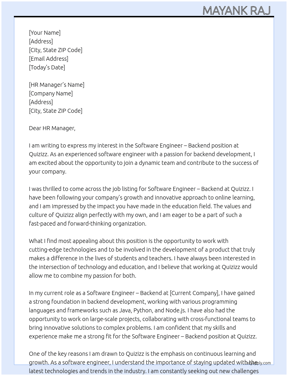 Software Engineer - Backend At Quizizz Cover Letter