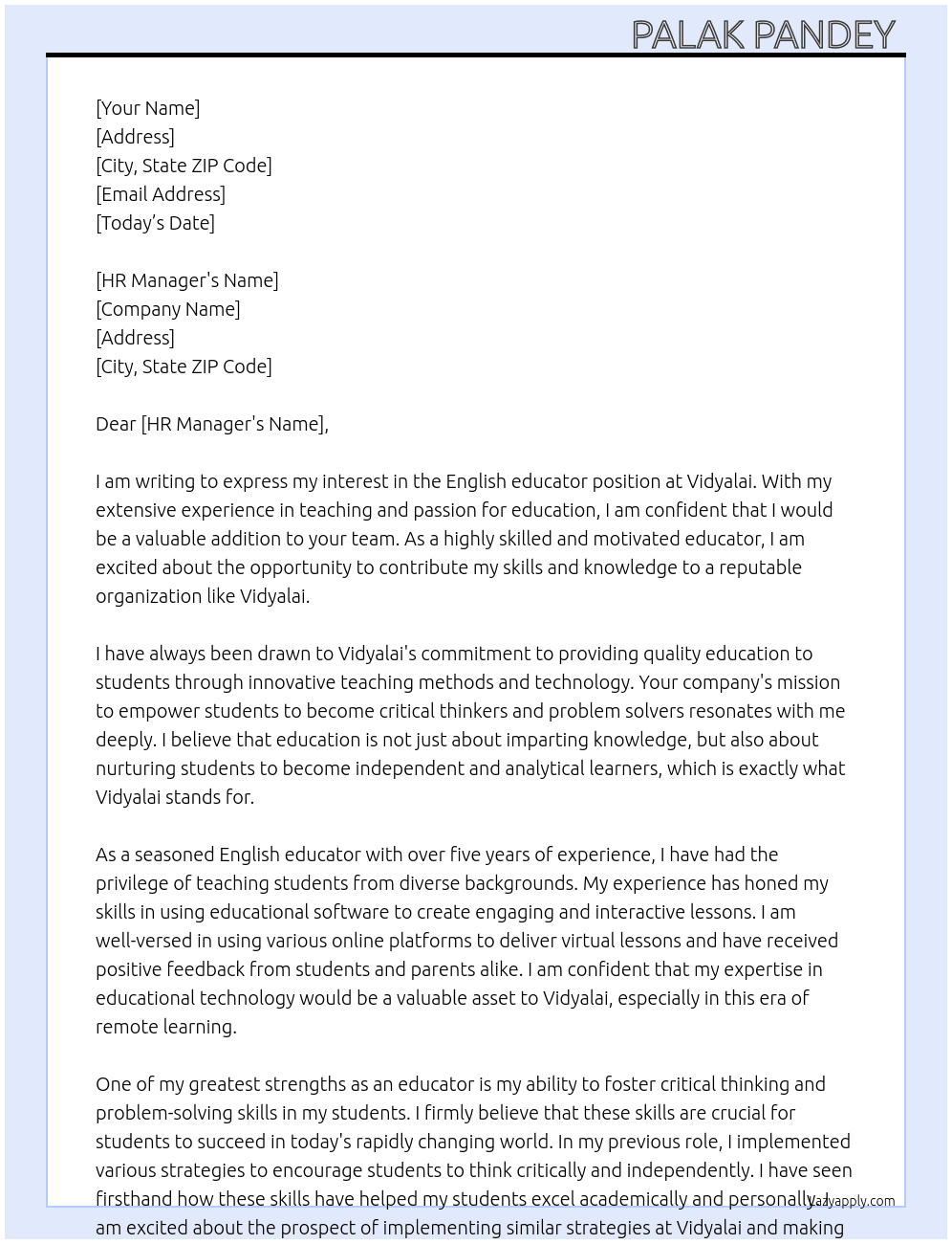 English educator  At Vidyalai Cover Letter