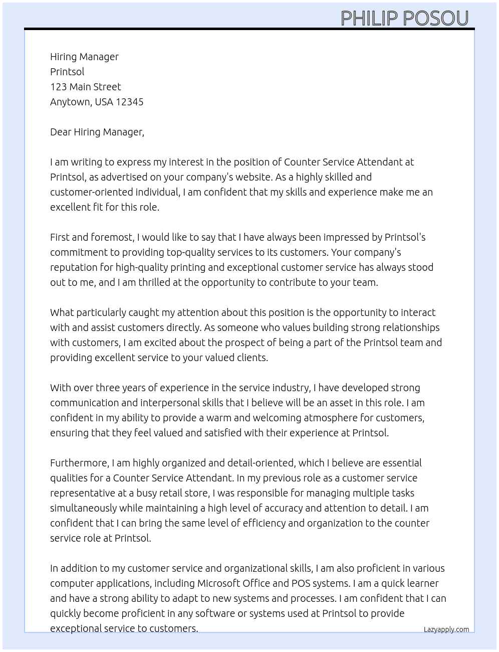Counter service attendant  At Printsol Cover Letter