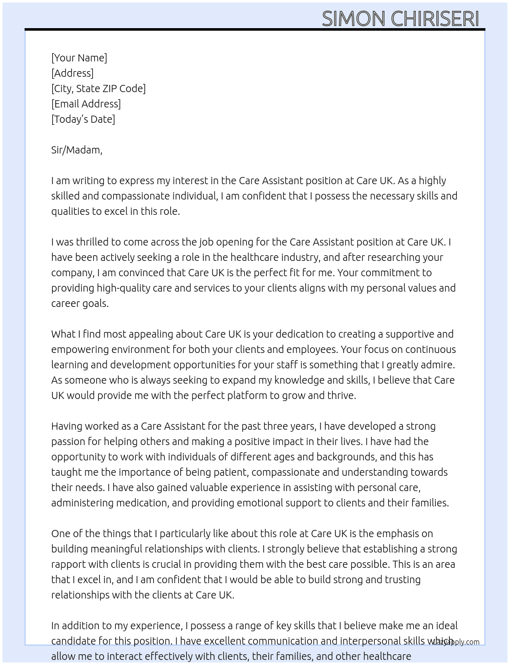 Care assistant  At Care Uk Cover Letter